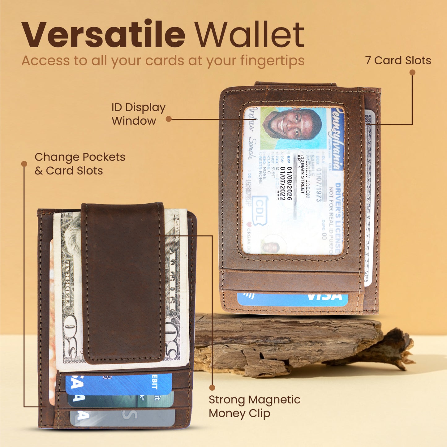 Leather Magnetic Money Clip Wallet