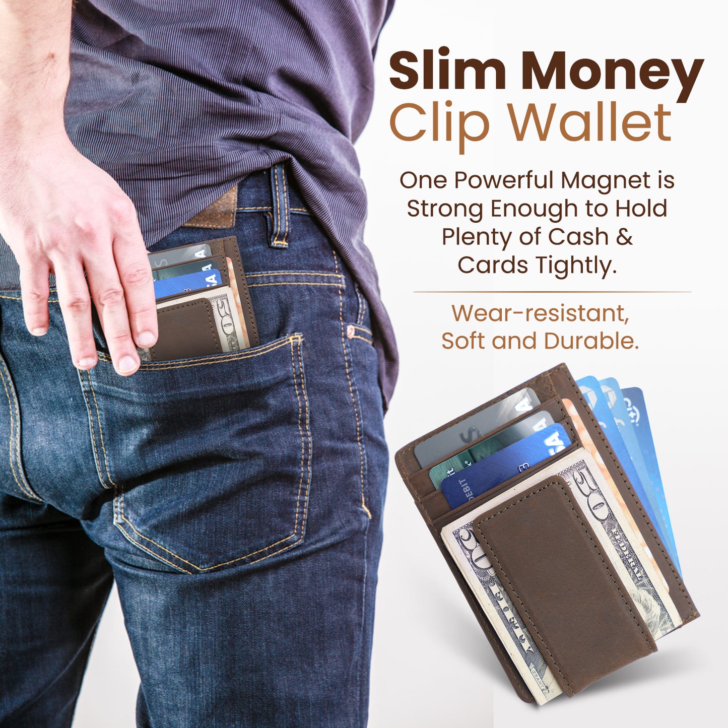 Leather Magnetic Money Clip Wallet