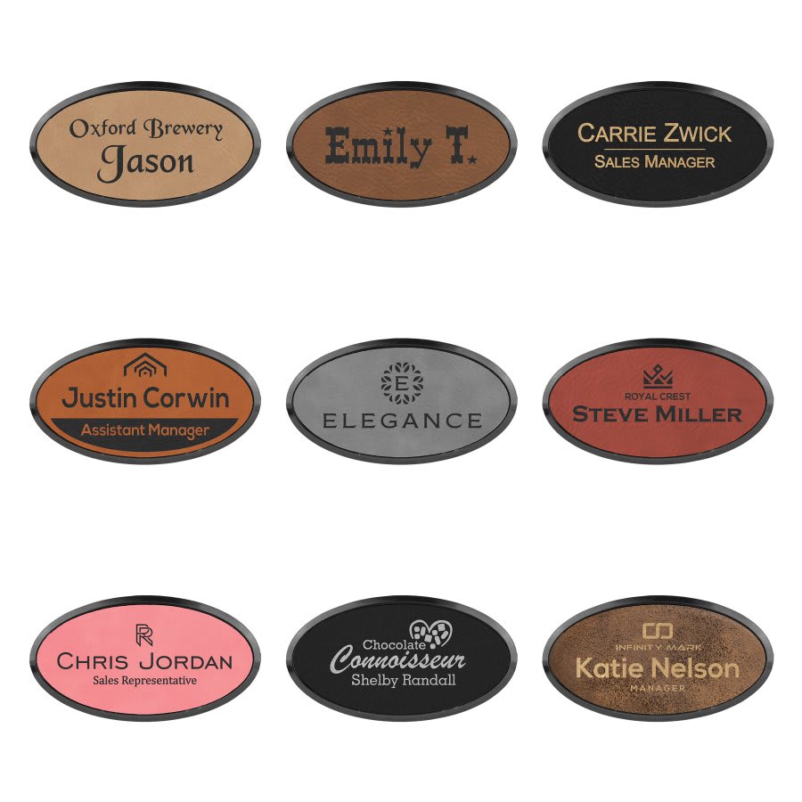 3" x 1 1/2" Laserable Leatherette Oval Badge & Frame