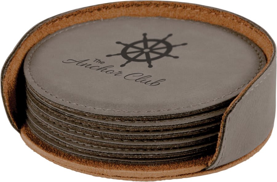 4" Round Laserable Leatherette Coaster 6 pack with holder