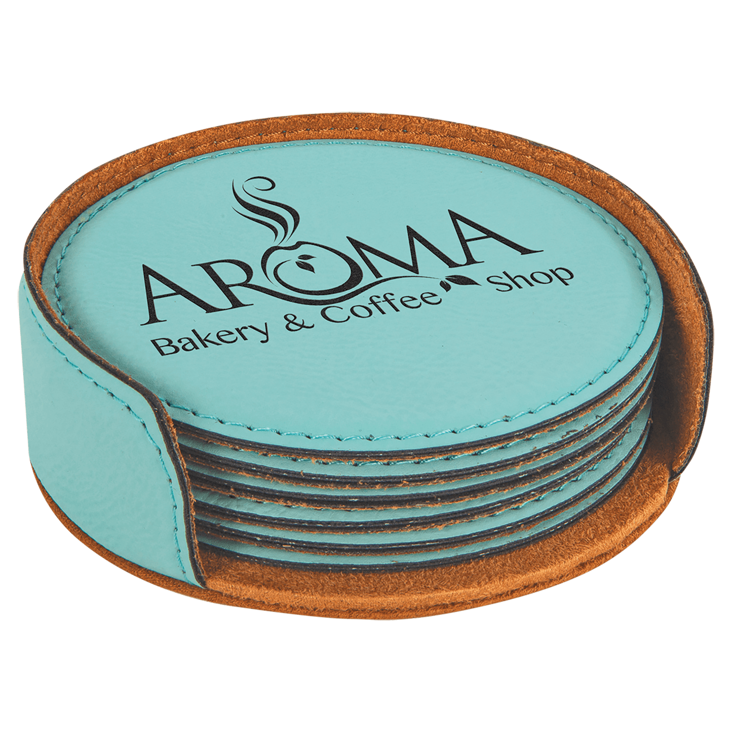 4" Round Laserable Leatherette Coaster 6 pack with holder